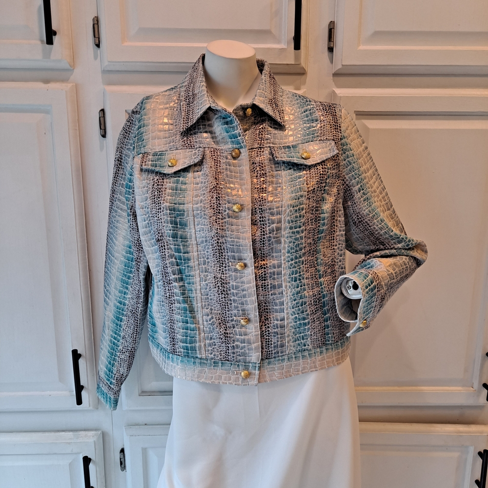 Linear Croc-Embossed Blazer in Turquoise Blue Brown Cream With Gold Sheen